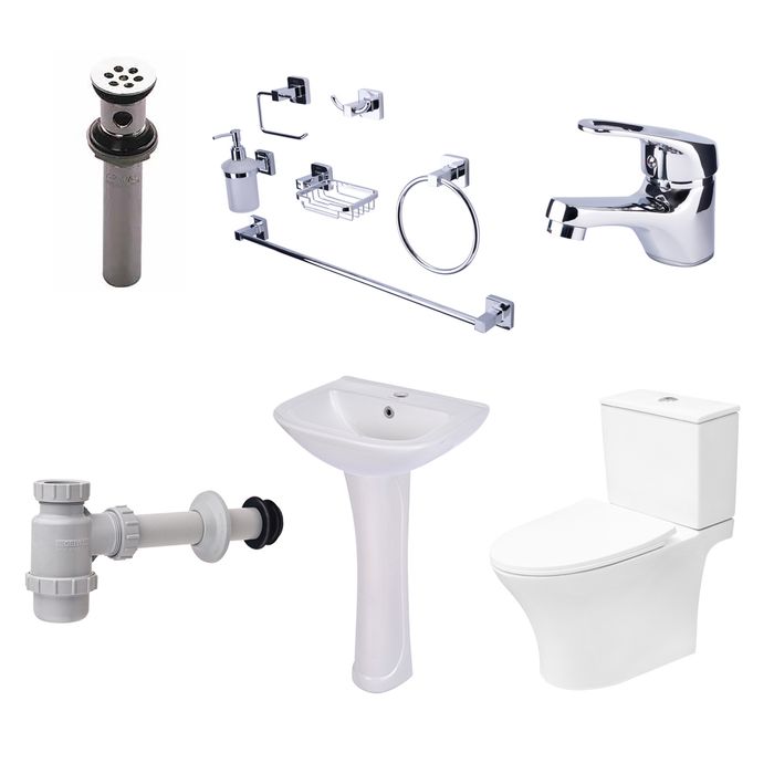 Combo Sanitario Cantiano+ Lavamanos Con Pedestal Lugano + Griferia Piccola + Accesorios Murano + Desague y Sifon