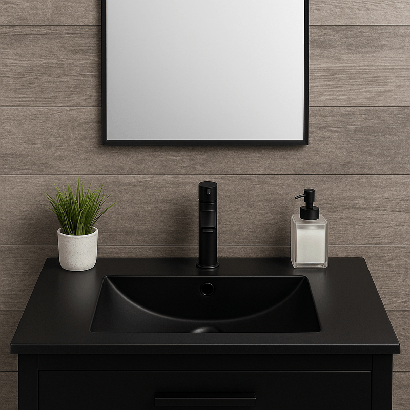 Vanidad minimalista en tonos oscuros