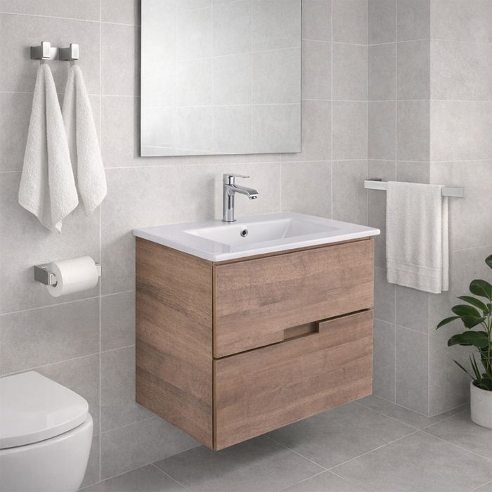 Combo Mueble Amaro Claro De 60 Con Placa De Lavamanos Griferia Tamesis y Juego De Accesorios Arona Cromo